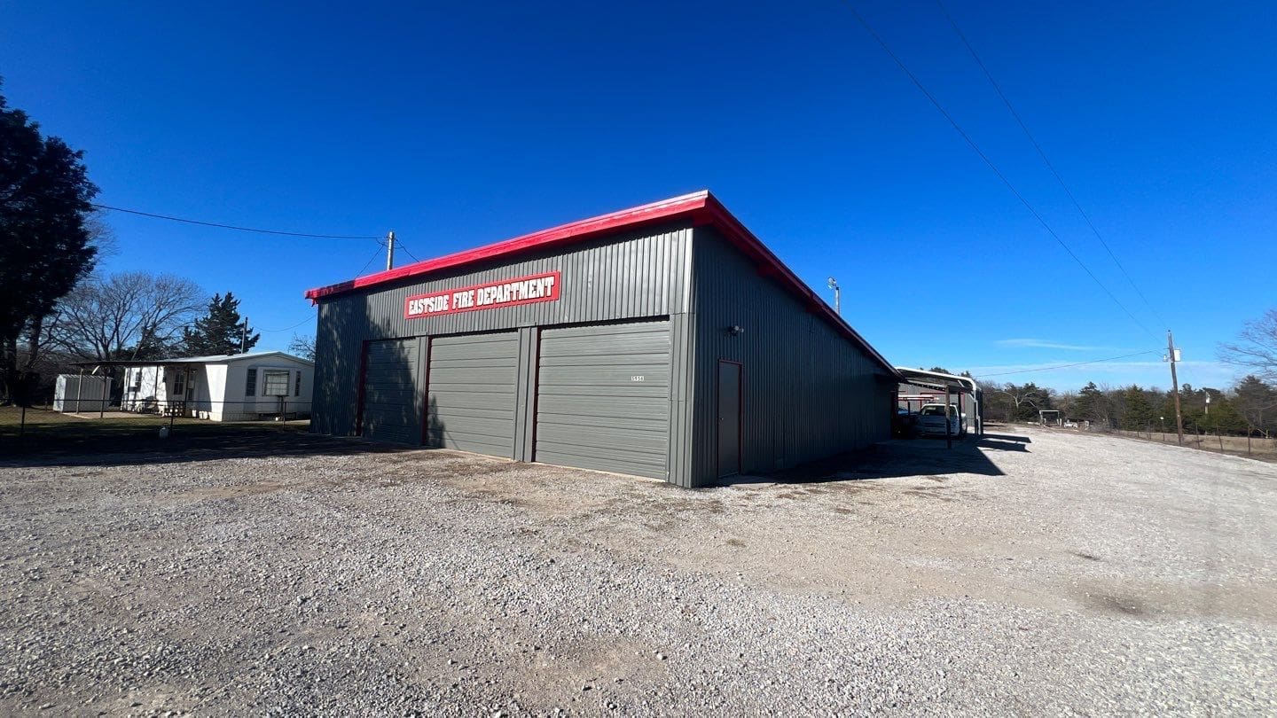 Eastside Fire Department metal building exterior repaint with gray and red trim by Derheim Painting Ardmore Oklahoma