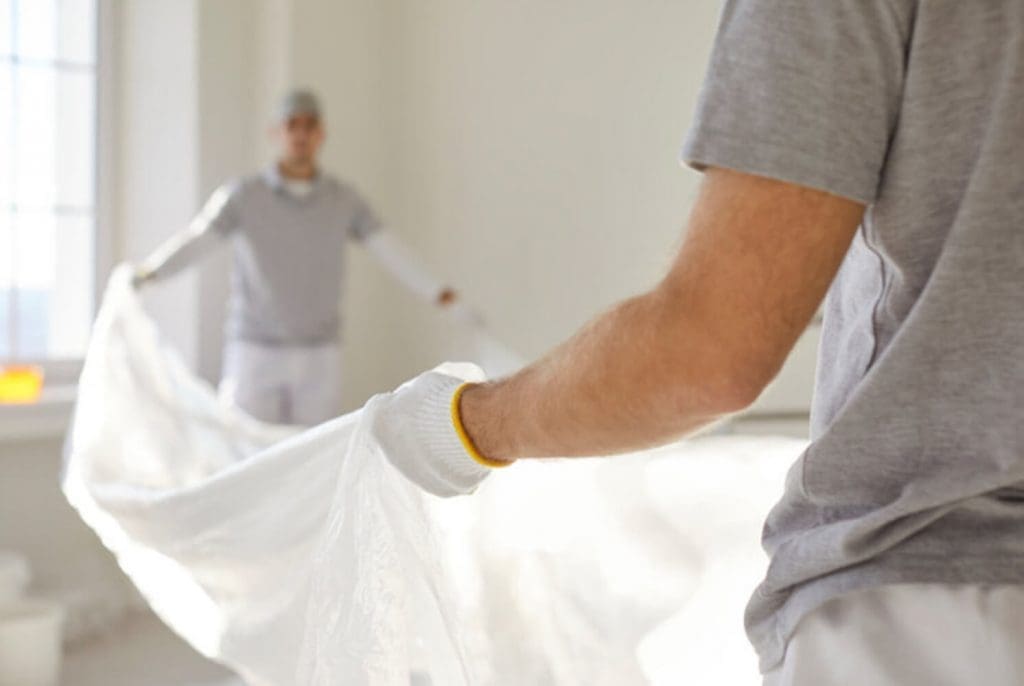 A professional painting crew wearing work gloves lays out a drop cloth before starting an interior painting project.